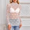 Women Bottom Tops Half High Collar Long Sleeve Perspective Lace Tops Embroidery Bow