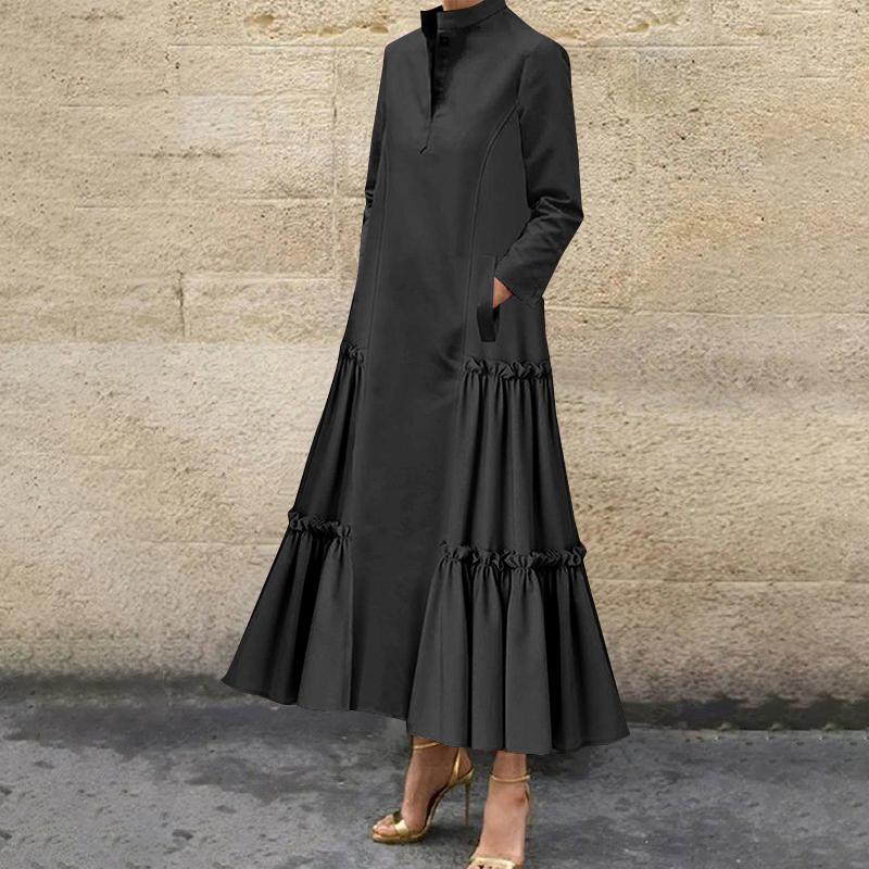 

VONDA Женские модные платья-рубашки с воротником-стойкой и длинным рукавом, однотонные, с оборками по подолу M чёрный