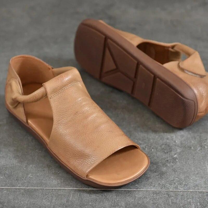 Johnature Peep Toe Flat Sandals Retro Genuine Leather Comfortable Soft Sole Versatile Women's Shoes