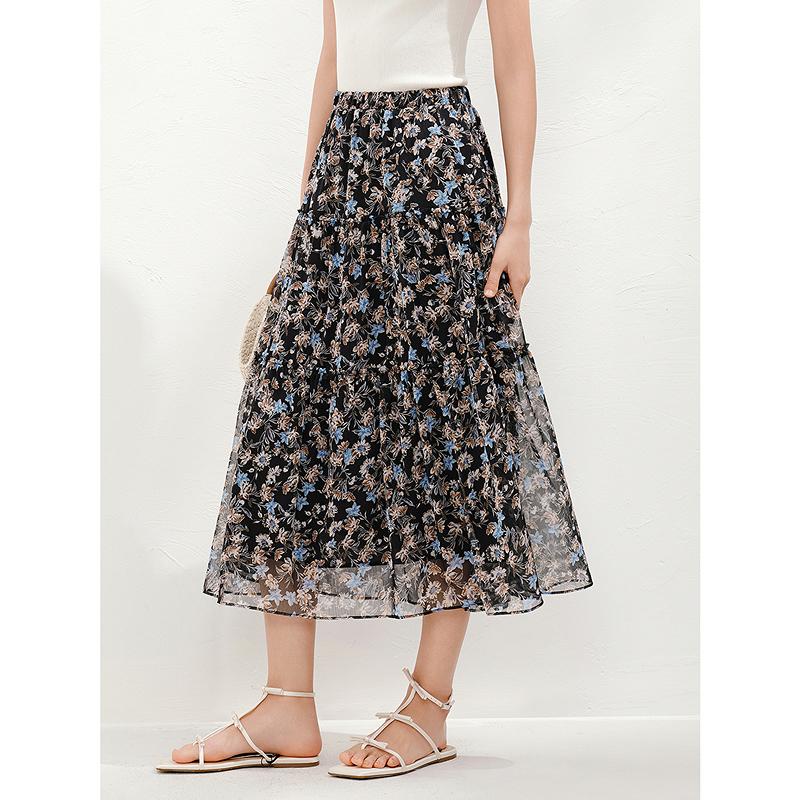 Jiuzi Anna Kou Elegant Light Mature Style Romantic Floral Chiffon Light Umbrella Skirt Half Skirt Women 2025 Summer New Style