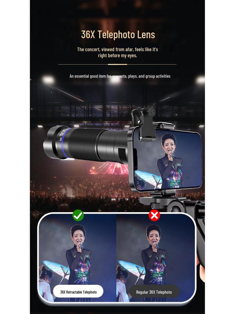 36x Telelens voor Mobiel: HD Monoculair met Breed Zicht voor Concerten, Vissen en Live Streaming