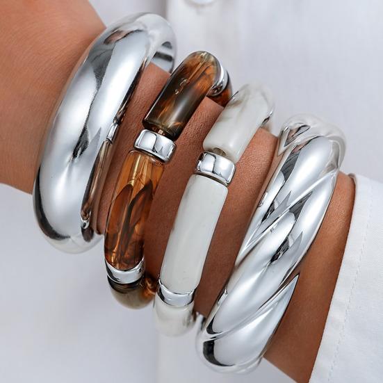 4Pcs Women Bracelet Highly Polished Bright Silver Metal Dual Material Layered Bracelets Wear-Resistant Stackable