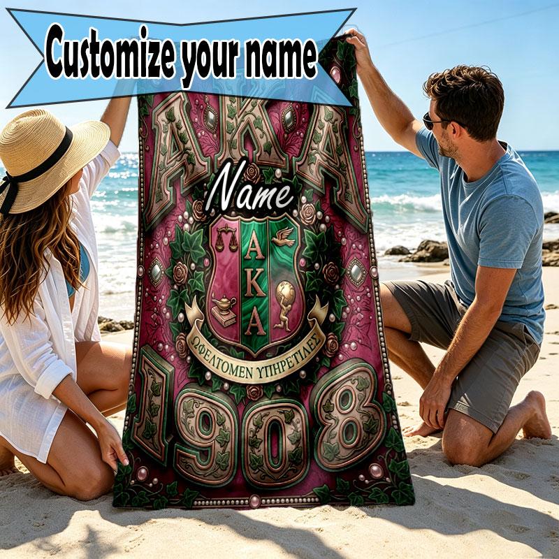 Custom Name Personalized Alpha Kappa Alpha Print Beach Towel, for Trip Camping Beach Party Home Decor, Birthday Gift for Family & Friends