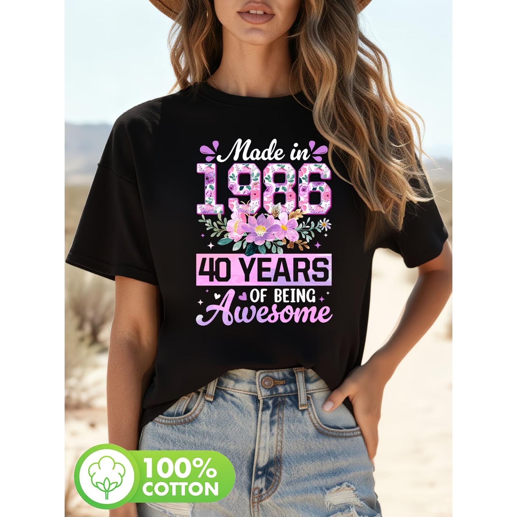 Women s 1986 Birth Year 40th Birthday T-Shirt - Floral & Number 40 Print Short Sleeve Crew Neck Top for 40th Birthday S