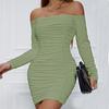 Women's Spring and Autumn One-line Collar Long Sleeve Pleated Temperament Package Hip Skirt Sexy Wrap Dress