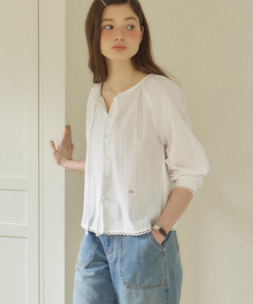 OURHOPE Ribbon Shirred Blouse - Ivory