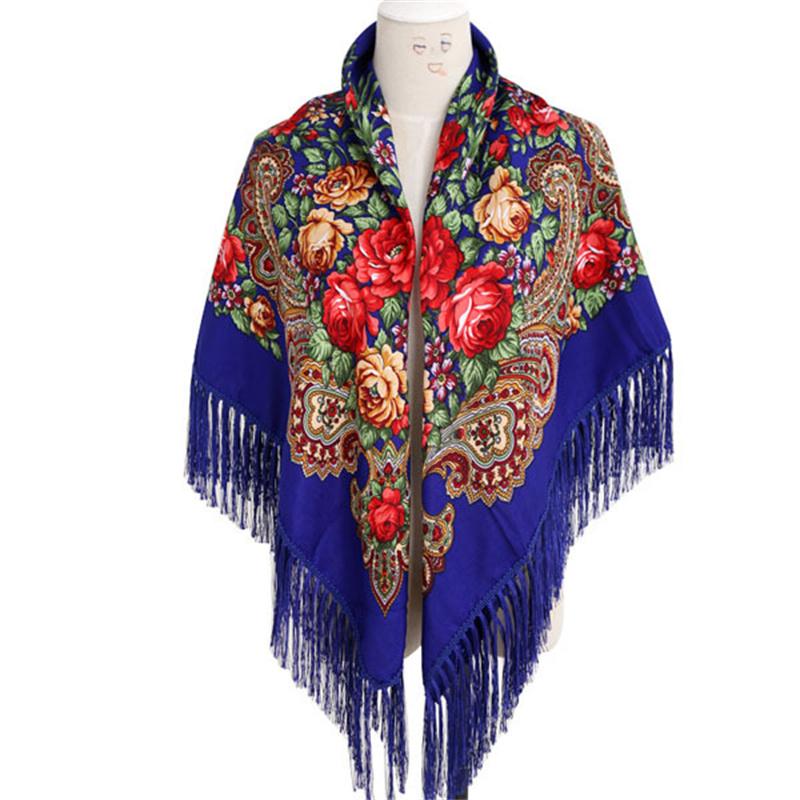 Russian National Style Square Scarf Shawl Female Fringed Floral Print Scarves Lady Head Wraps Foulard Femme Hijab Scarfs