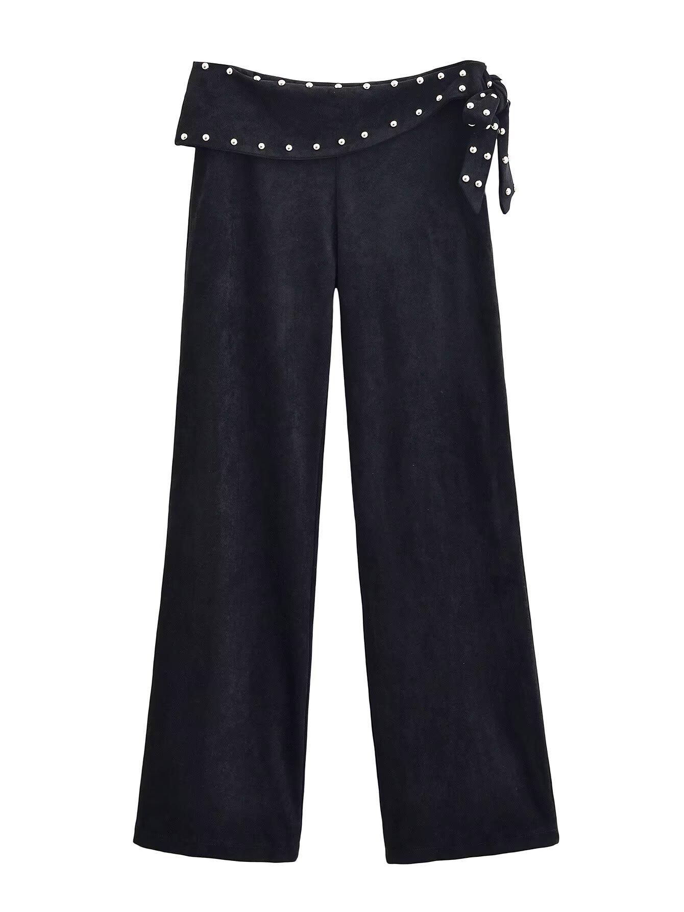 

2026 Spring European & American Women s Black Casual Rivet Micro Flare Pants 11787 Large
