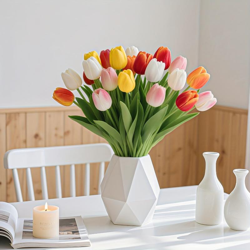 10Pcs Spring Wedding & Mother's Day Tulips, Multicolor PU Stem for Centerpiece, Home Table Decor, Realistic Artificial Flowers