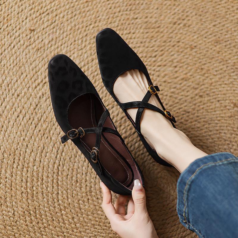 Krazing Pot Cow Skin Spring Summer Size 43 Size 42 Size 41 Thick Med Heels Women Square Toe Leisure Leopard Pumps