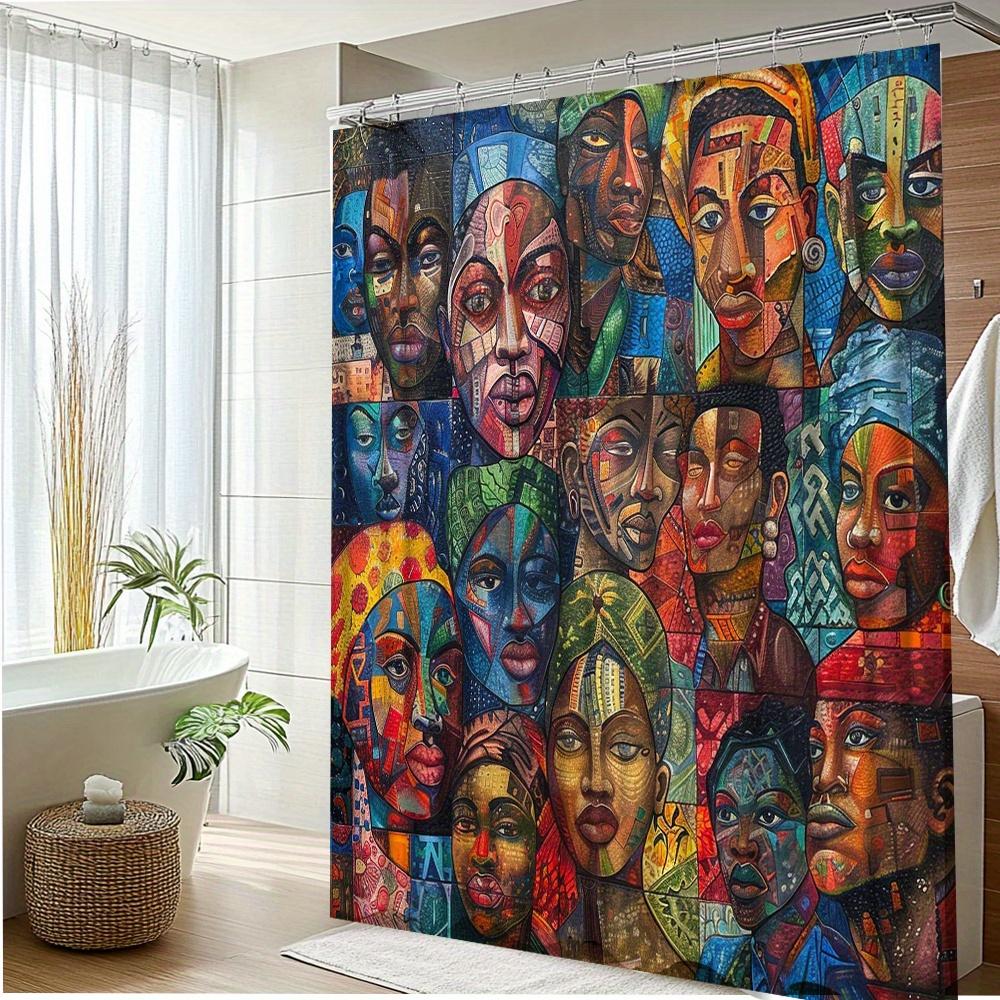 Vibrant Cultural Faces Print Waterproof Shower Curtain for Bathroom, Colorful Artistic Design High-End Toilet Partition Curtain