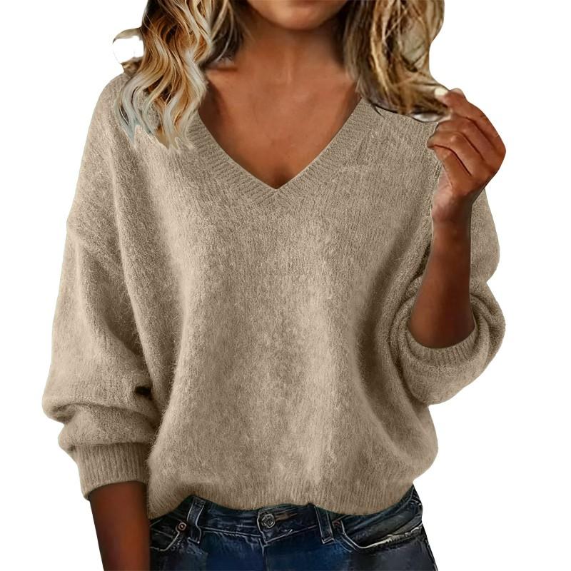 Womens Loose Fit V-Neck Knit Sweater Solid Color Casual Long Sleeve Pullover Winter