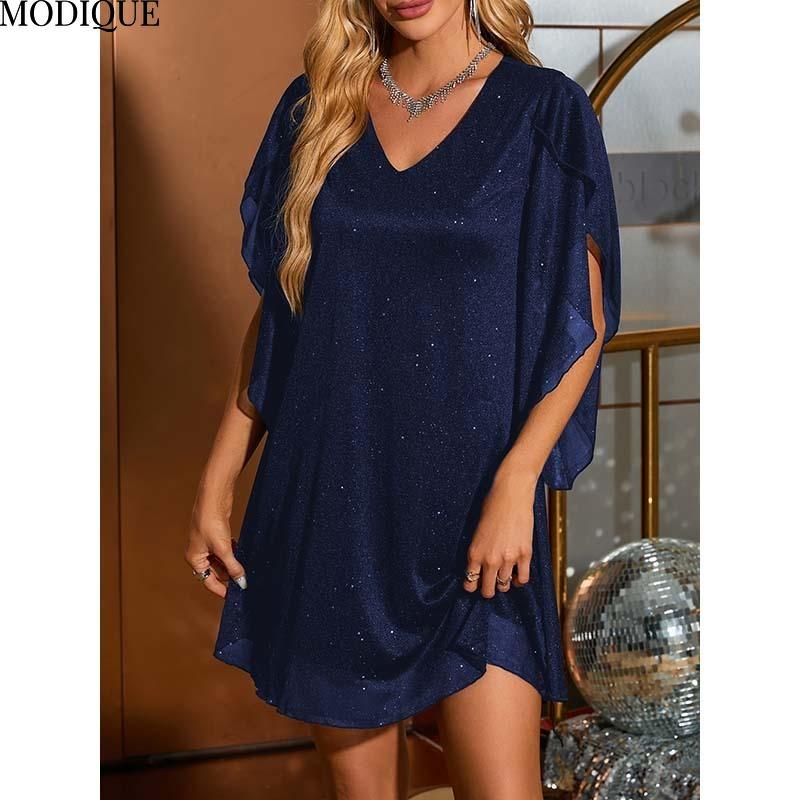 

MODIQUE 2025 Лето Новое Женское Сексуальное Элегантное Глубокий V-образный вырез X-Line Сетки Пайетки Рукава Короткое Платье XXL
