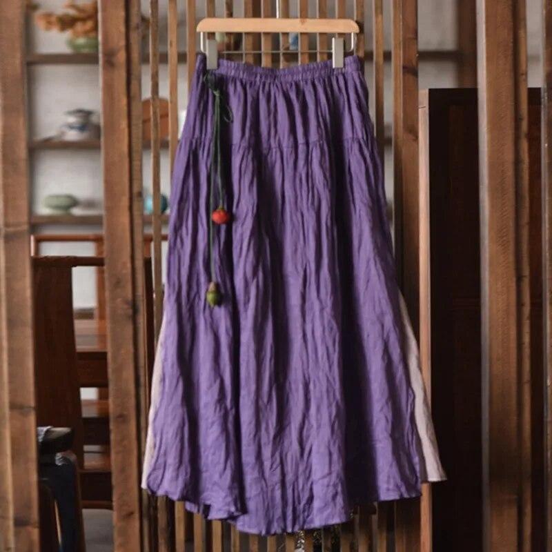 Johnature Women Vintage Skirts Elastic Waist Solid Color Clothes Spring Loose Patchwork Women Casual A-Line Skirts