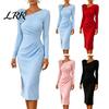 Simple Style Dress Women's Cocktail Party Bodycon Midi Dress, Long Sleeve 3D Women Casual Flower Ruched Formal Wedding Guest Evening Gown Retro