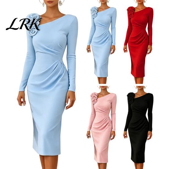 Simple Style Dress Women's Cocktail Party Bodycon Midi Dress, Long Sleeve 3D Women Casual Flower Ruched Formal Wedding Guest Evening Gown Retro