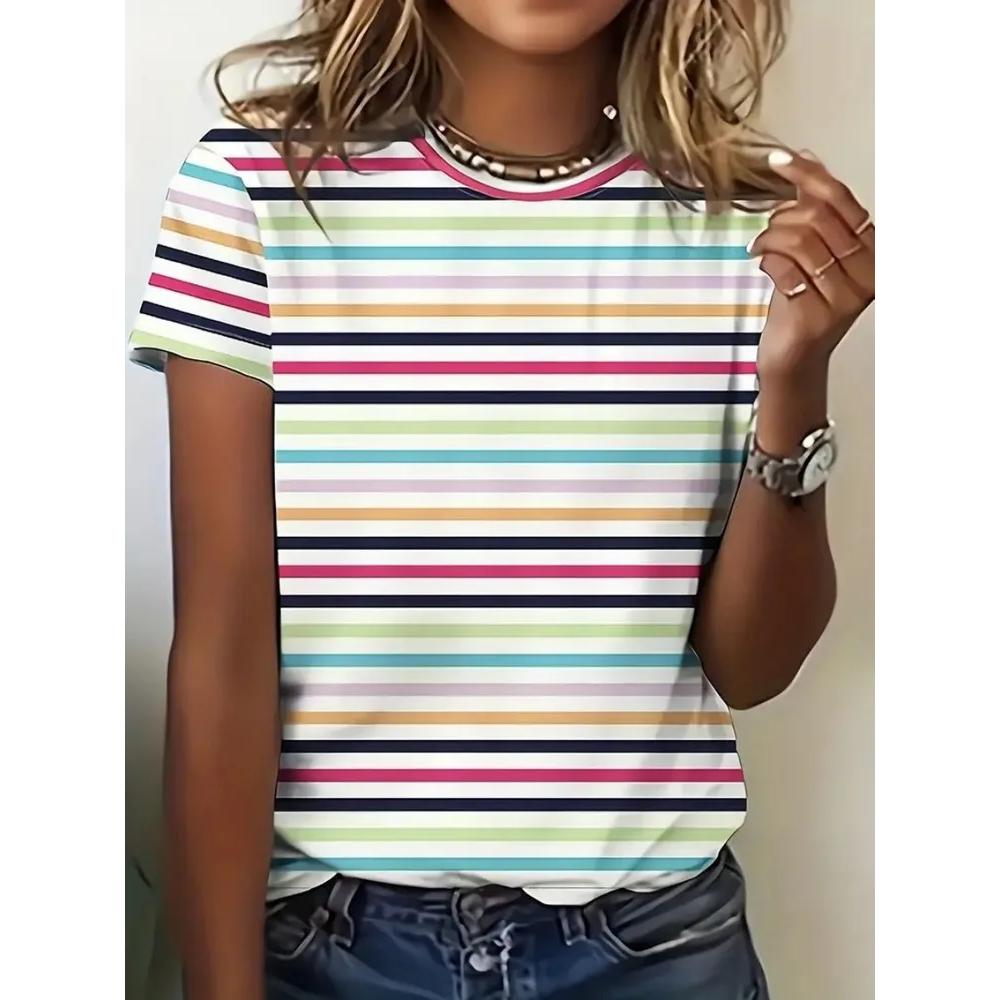 Fashion Women's Striped Printed Top Casual Loose Short Sleeves Comfortable Breathable T-Shirts Women’s