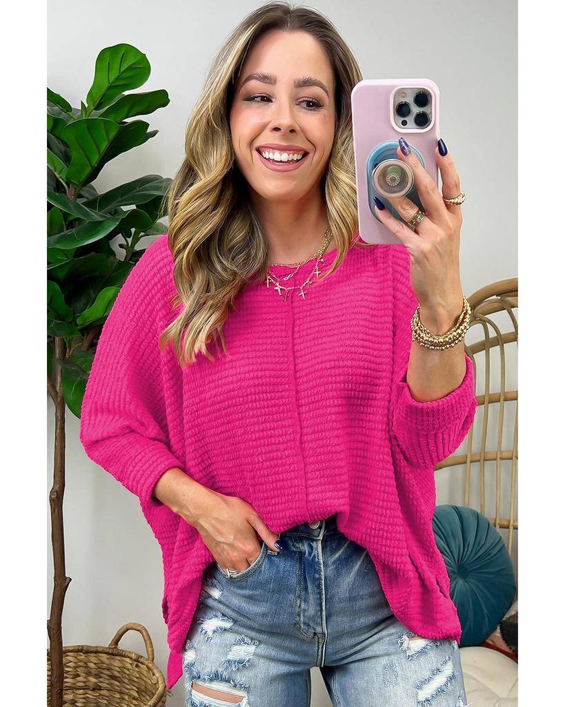 Azura Exchange Rose Red Textured Center Seam Long Sleeve Split Top