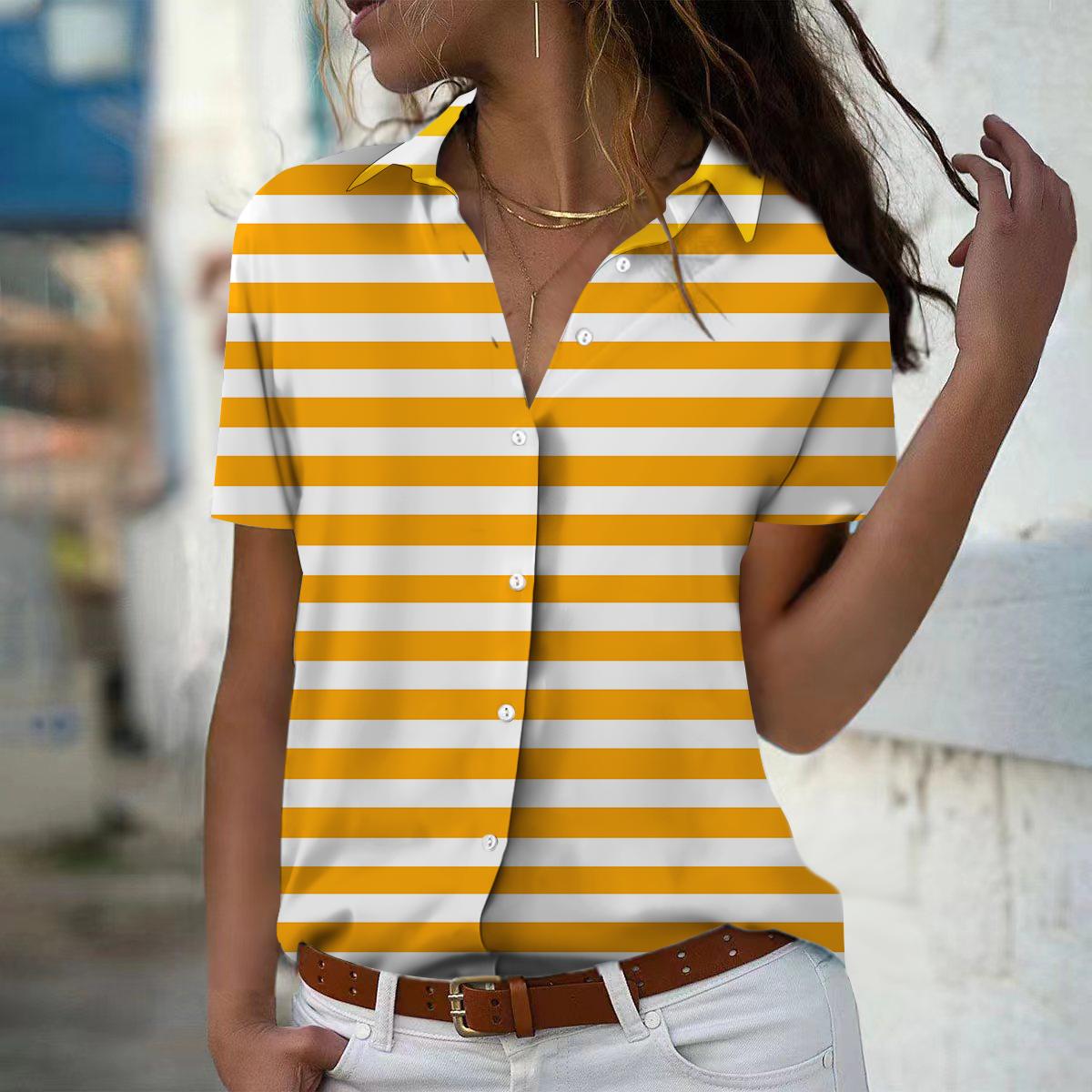 

Лето 2025 Новая Мода Женская Полосатая Принтованная Футболка с Коротким Рукавом и V-образным Вырезом Повседневная Застегивающаяся на Пуговицы Рубашка Топ XL оранжевый
