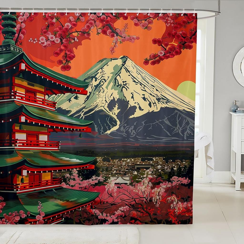 Boys Girls Japanese-Style Shower Curtain Red Cherry Bath Curtain Mount Fuji Bathroom Accessories Teens Bedroom Decor