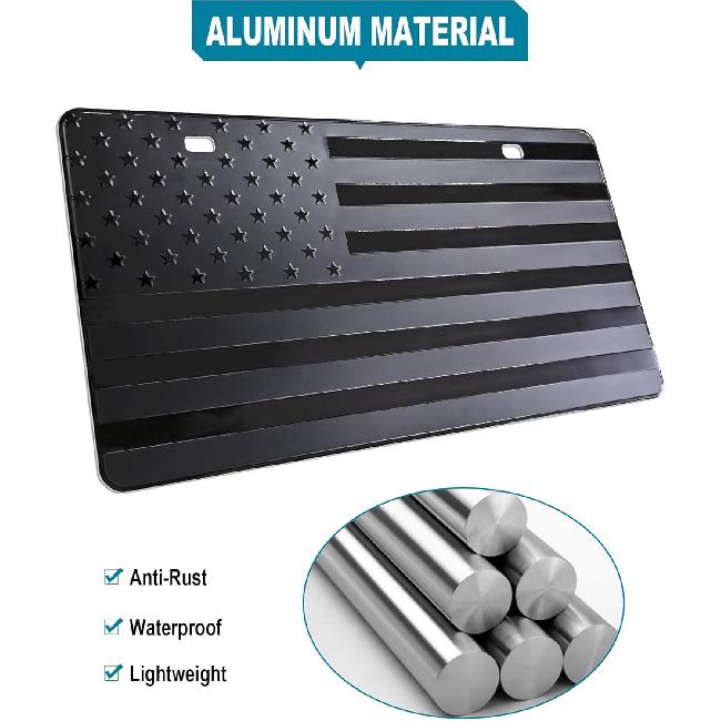 American Flag License Plate For Front Bumper, Black Aluminum Car Tag Frame Cover With 3D Embossed USA Flag Pattern, With Screws, Metal Decals