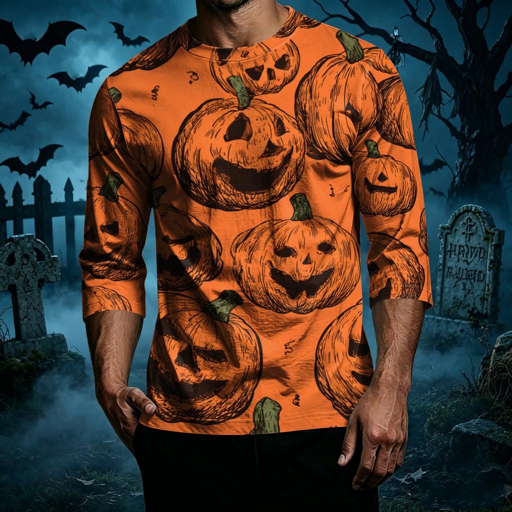 Men's Casual Halloween Print Crew Neck T Shirt Three Quarter Sleeve Top Lightweight Comfortable Fit Stylish Design