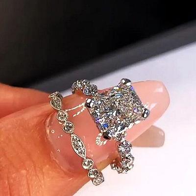 Creative Wedding Sets Rings Women Fashion Double Stackable Design Brilliant Square White Cubic Zirconia Ring Jewelry