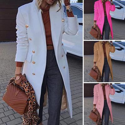Knee-length Woolen Coat Lapel Long Sleeve Double Breasted Pockets Solid Color Outwear Streetwear