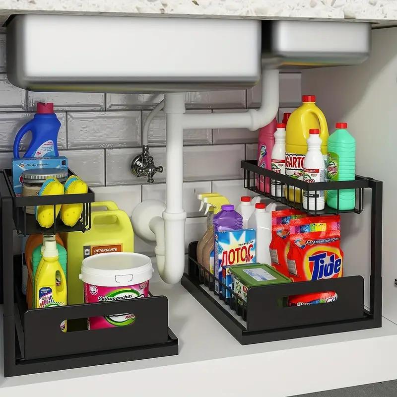 2 Tier Under Sink Organizer Pull Out Storage Rack With Sliding Drawer Storage Wire Basket For Kitchen Bathroom Cabinet Organizer