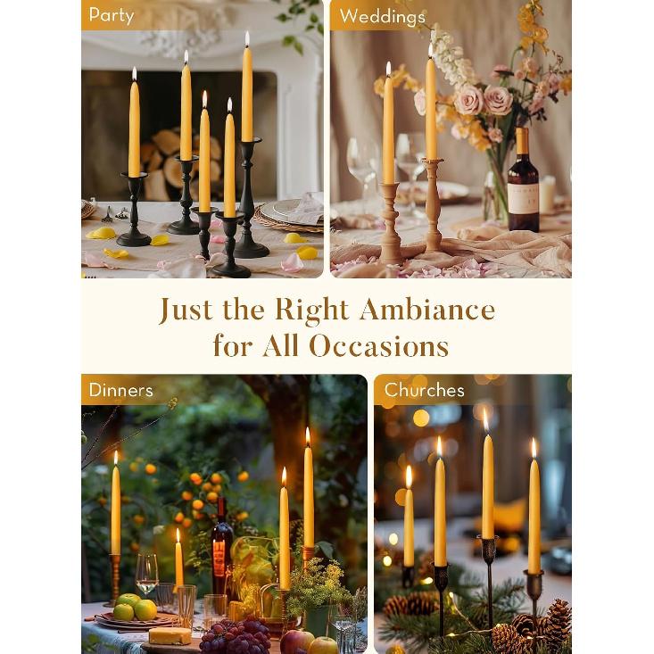 6 Pack Beeswax Taper Candles, 8 Inch Natural Beeswax Candles Unscented and Smokeless, 8 Hours Long Burning Yellow Candle Sticks for Dinner, Wedding,