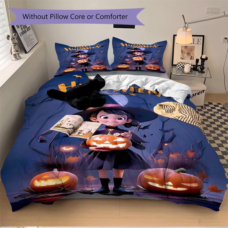 3pcs Witch Moon Halloween Pumpkin Quilt Cover Set (1 Quilt Cover + 2 Pillowcases Without Pillow Core), High-Definition Printing for Home and Dorm