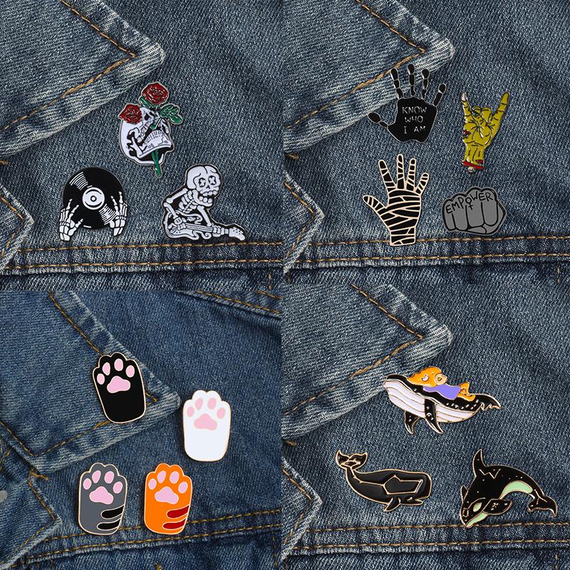 3-4pcs/Set Brooch Set Punk Dark Devil Skull Magic Enamel Pin Cartoon Animal Cat Dog Paw Whale Cute Label Pins Badge Jewelry Gift