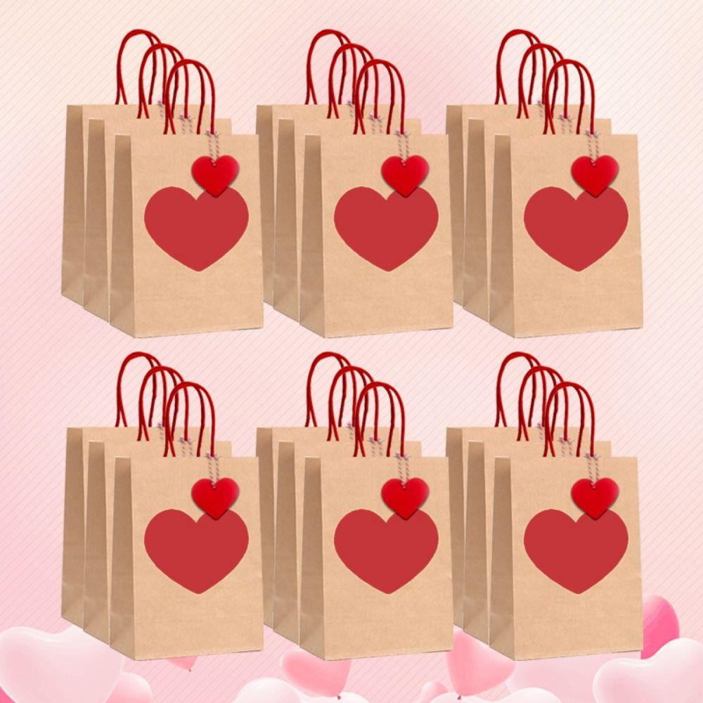 10/12pcs Red Heart Kraft Kraft Paper Gift Bags DIY LOVE Romantic Heart Shaped Bag Handheld Gift Packing Bag Valentine's Day