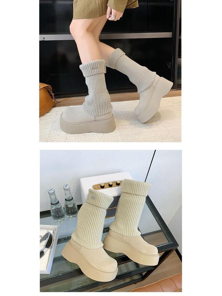 2025 Elastic Knit Sock Boots: Single-Sided Lining, Casual Autumn/Winter, Versatile Streetwear, College Style, Brown.