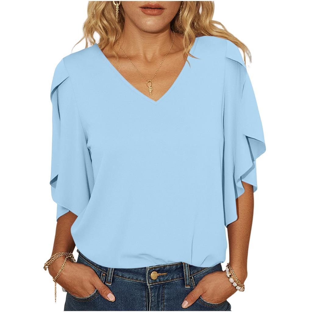 Women's Loose Fit Chiffon Blouse V Neck Casual Top Lightweight Flowing Sleeve Shirt for Everyday Wear