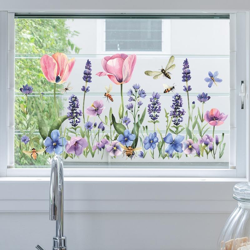 Spring Flowers Window Stickers Glass Static Sticker for Bedroom Living Room Decor Art Decals Kids Girl's Room Decoration Mural