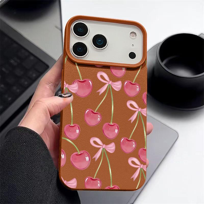 Custodia con Motivo di Frutti di Ciliegia Cristallini e Fiocchi per iPhone 17 Pro Max Copertura Morbida in Silicone con Texture in Pelle per iPhone 16 15 14 13 Pro 12 11 16E Air
