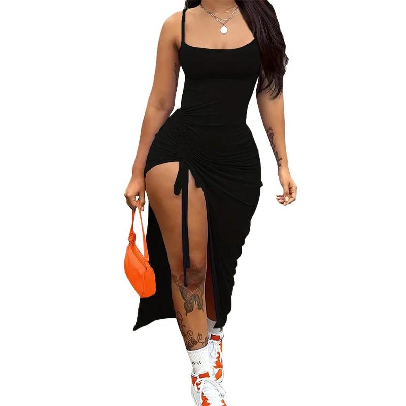 Summer Casual Sleeveless Square Neck Dresses for Female Solid Color Side Split Drawstring Tight Dress Women's High Waist Dress Party Evening Dress