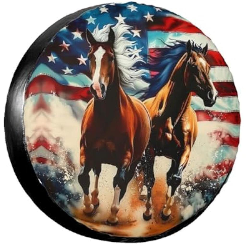 Patriotic Horses American Flag Spare Tire Cover Polyester Waterproof Universal Fit for RV SUV Truck