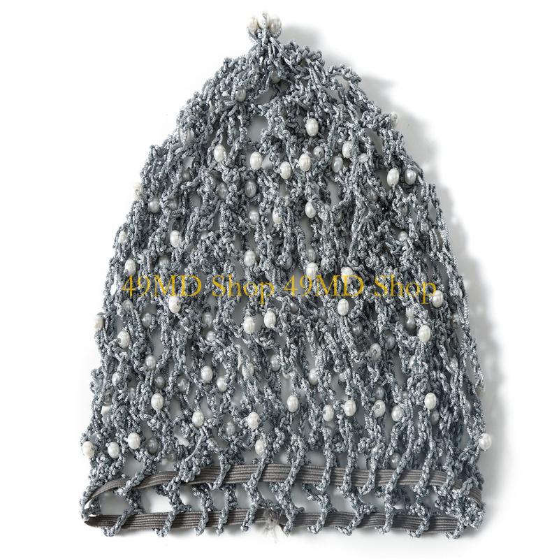 49MD Elegant Handmade Crochet Snood Hair Net Turban Hat for Women with Pearls Bead Decoration Great for Weddings and Parties