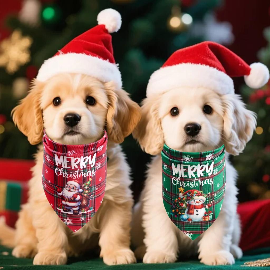 2pcs Christmas Plaid Pet Bandanas Santa Claus Snowman Dog Saliva Towel Triangle Scarf Christmas Decorations for Dog Pet Supplies