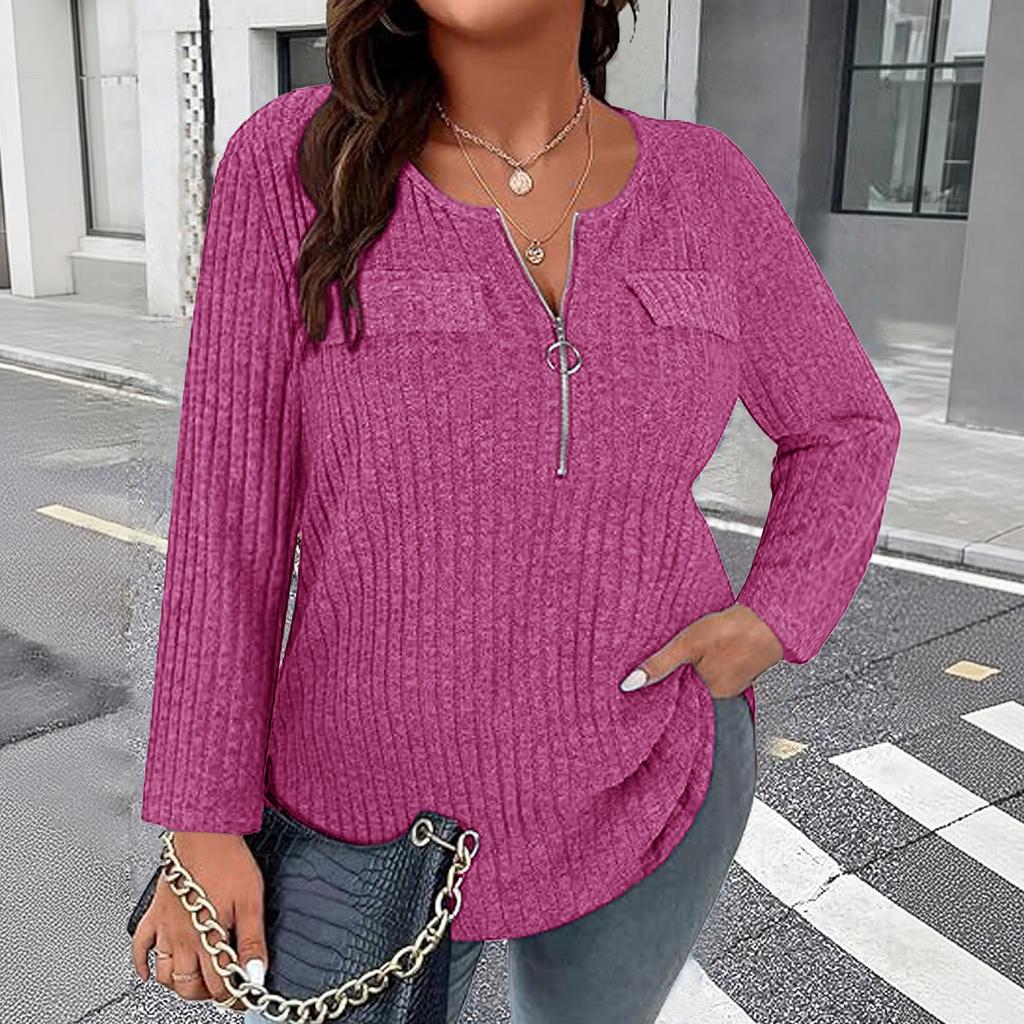 Women's Plus Size Casual Long Sleeve V-Neck Zipper T-Shirt
