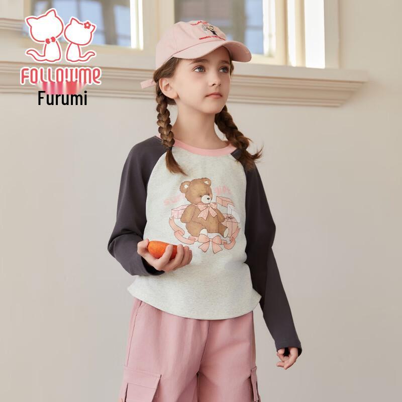 

Fuluomi Girls 2026 Spring Cartoon Print Color-Block Raglan Long-Sleeve T-Shirt 140