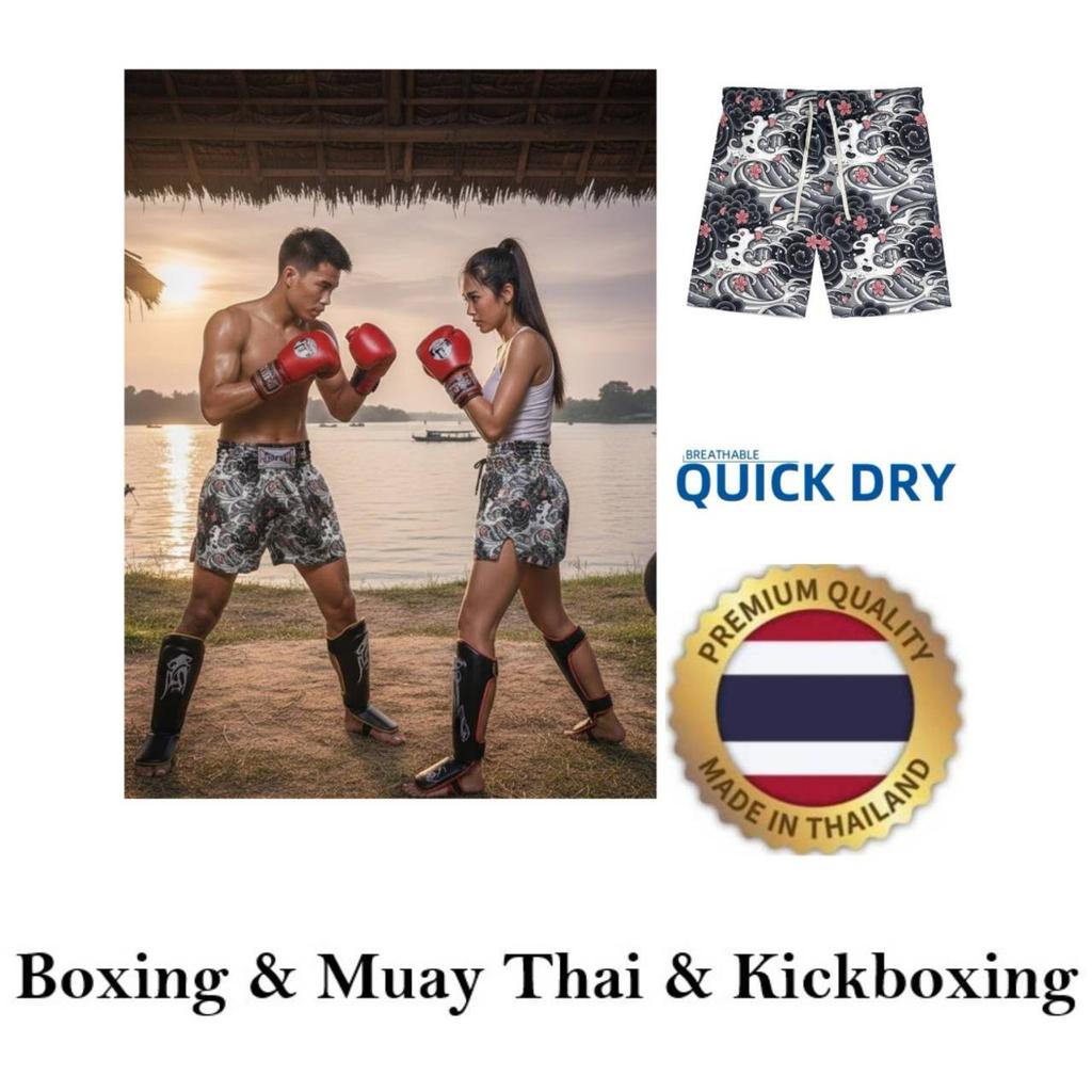 Chinese Ocean Sea Wave Flower Boxing Muay Thai Kickboxing Training Shorts Print Martial Art Boxer Unisex Men Women Fighting Fitness Sport Gym Workout