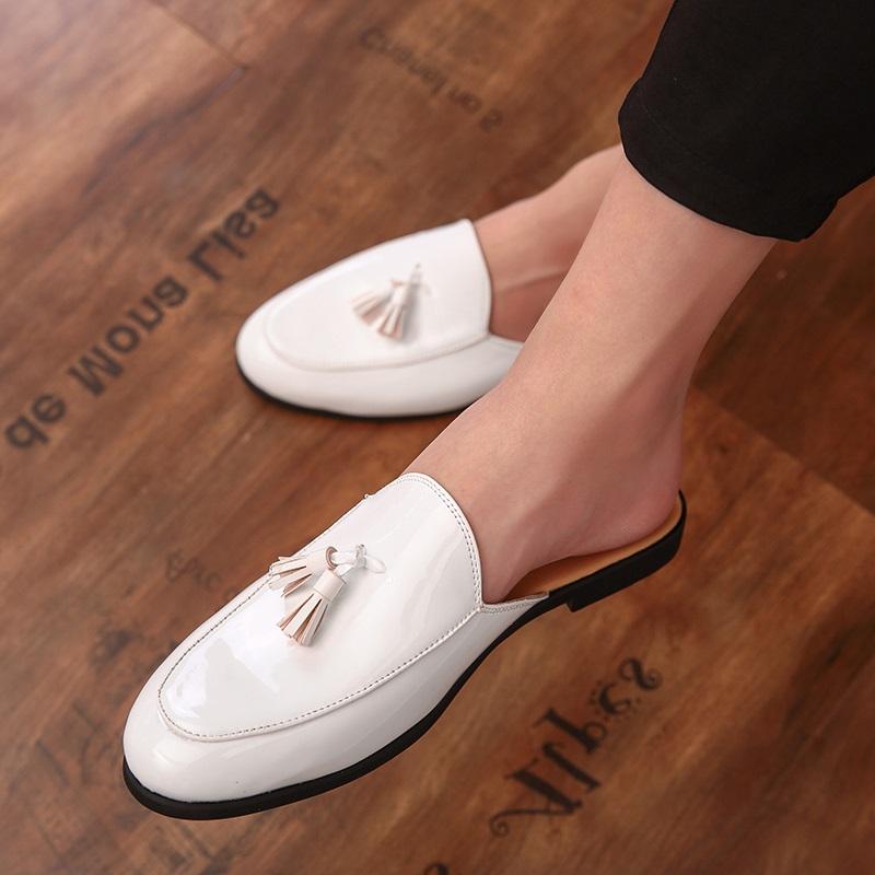 New Men's White Black Half Slippers Driving Shoes Male Tassels Casual Mules Moccasins Breathable Loafers Zapatos Hombre