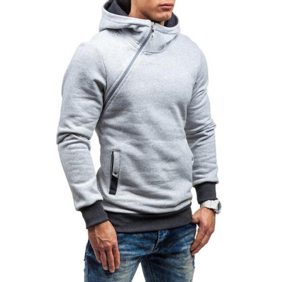 Autumn Winter Men Hoodie Slant Zipper Contrast Color Patchwork Pullover Thick Slim Fit Hooded Sweatshirt Streetwear