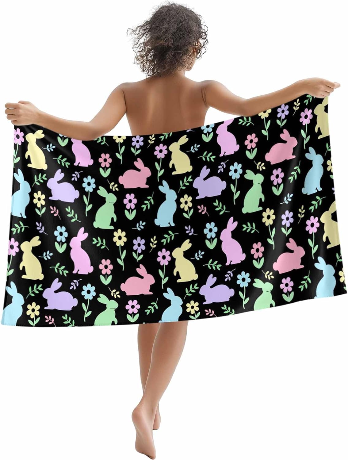 

Artistic Easter Bunny Beach Towel, Rabbit Flower Leaves Pattern Quick Dry Absorbent Lightweight Sand Free Travel Pool Essentials W40*H60(CM)