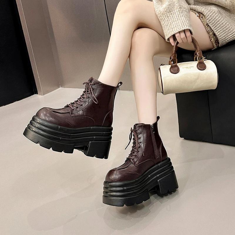 New Women High Platform Boots Gothic Leather Punk Shoes Female Ankle Short Combat Boots 10CM Wedge Heels Chunky Motorcycle Boots