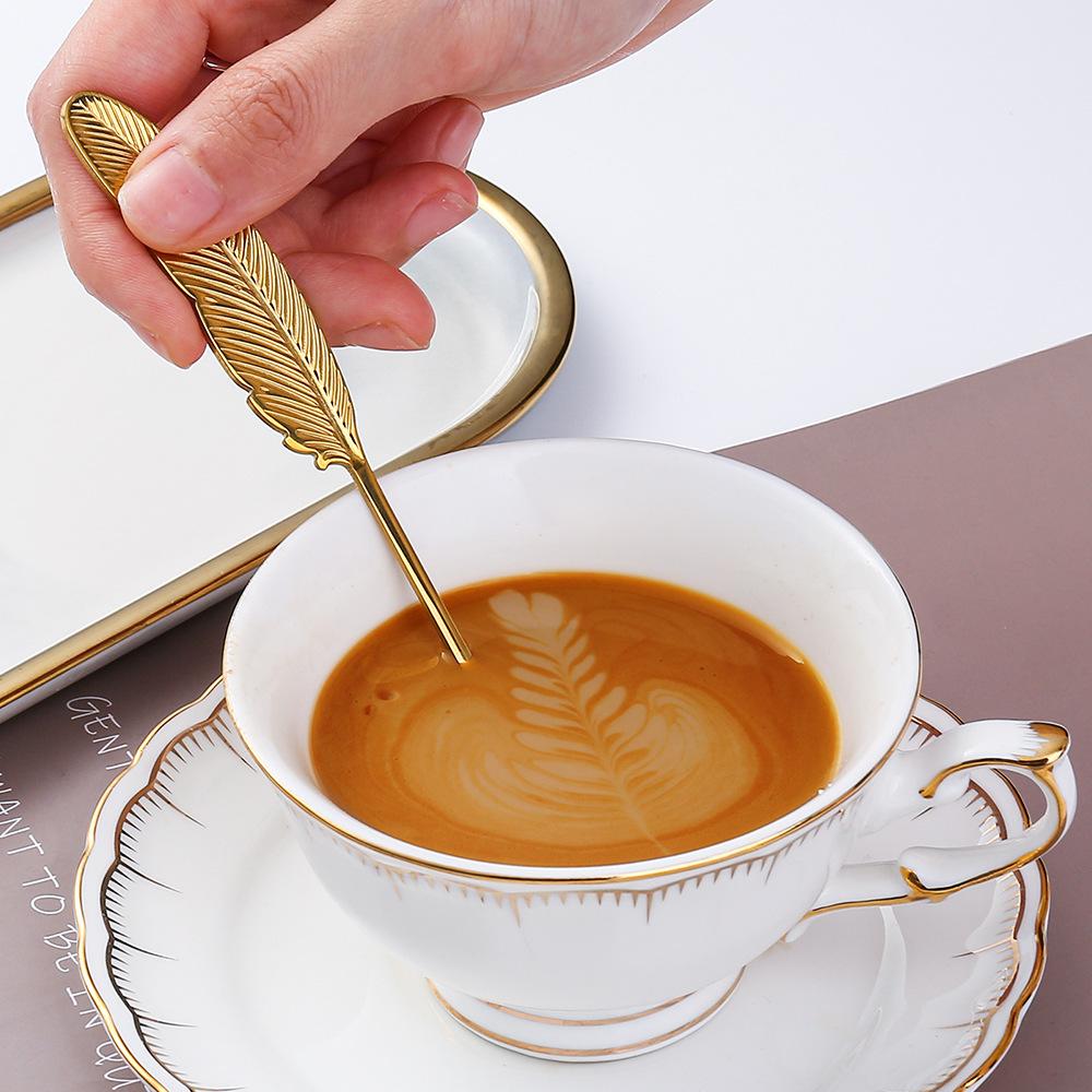 HANYANG Feather Spoon Golden 304 Stainless Steel Fruit Fork Literary Small Spoon Spoon Spoon Creative Tableware Colorful Feather Spoon