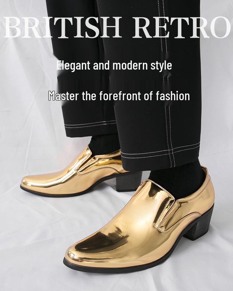 Sapatos Masculinos de Couro Macio de Bico Fino Sociais Formais Slip-On com Aumento de Altura